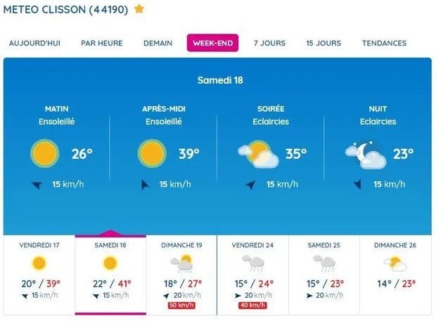 Prévisions météo pour Clisson, Ville du Hellfest, du 17 juin au dimanche 19 juin. (Photo Météo France)