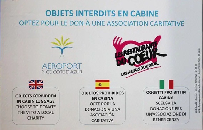 A l’aéroport de Nice, les produits ne pouvant pas aller en cabine sont donnés aux Restos du cœur