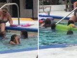 Une femme se rase les jambes dans la piscine publique d’un hôtel